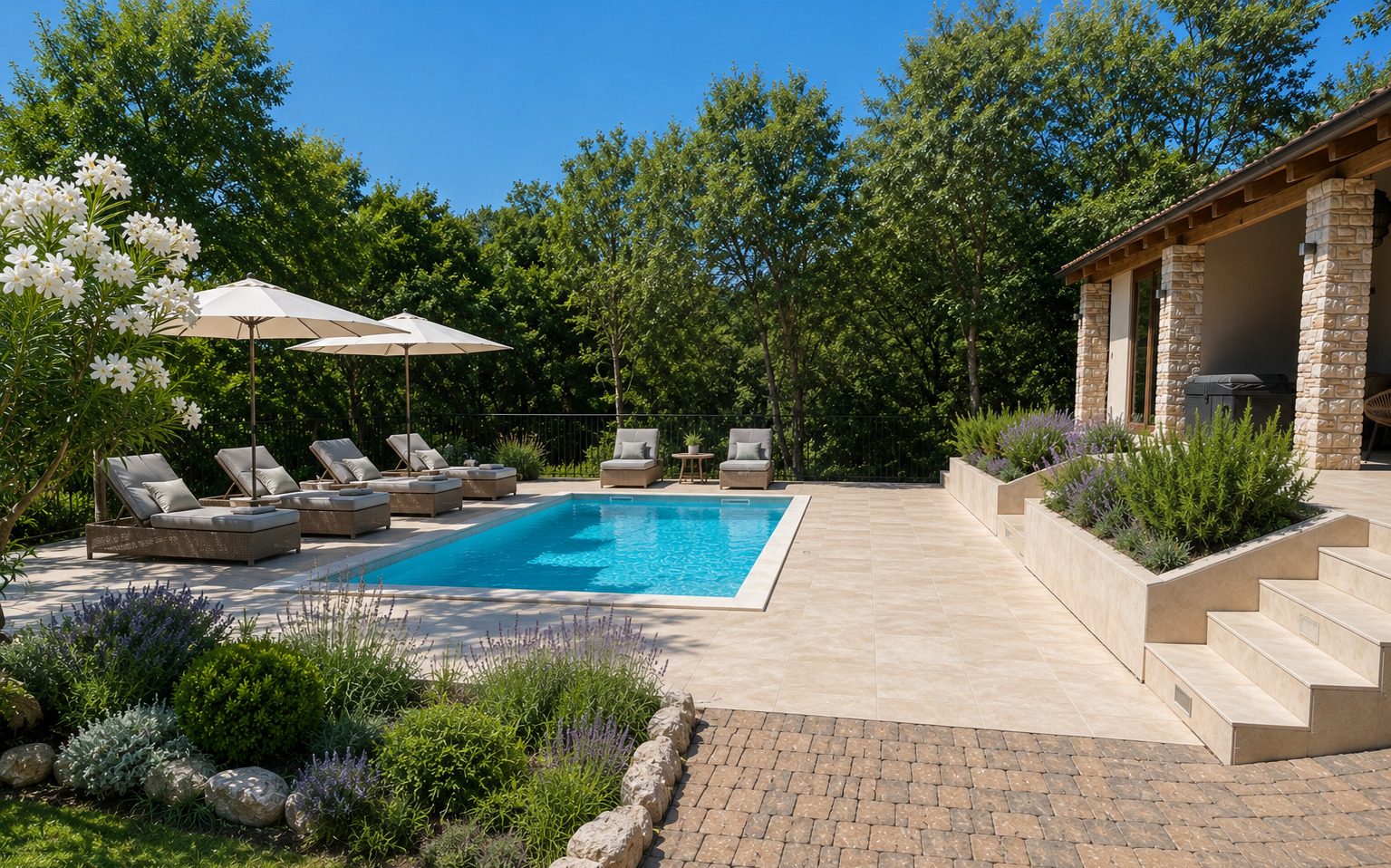 Pool der Villa VinoSelo mit Sonnenliegen und Lavendel